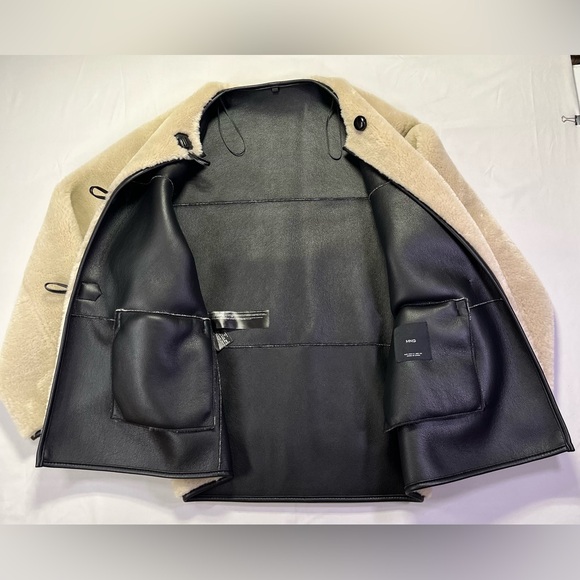 Mango Shearling Fur-Effect Coat Jacket Black Appliqués Accents - S - Like New! - Picture 3 of 9